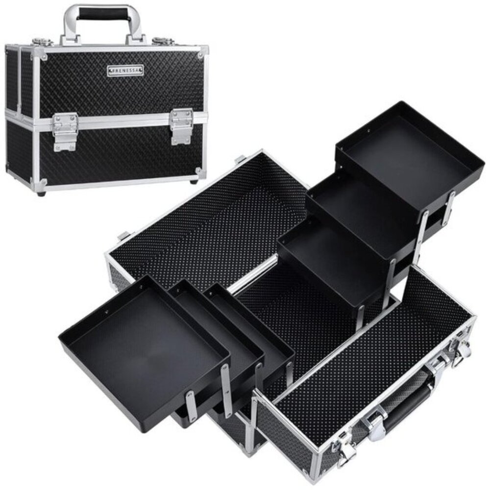 New 11.8In Black Makeup Train Case, 6-Tray Locking Cosmetic Organizer Box